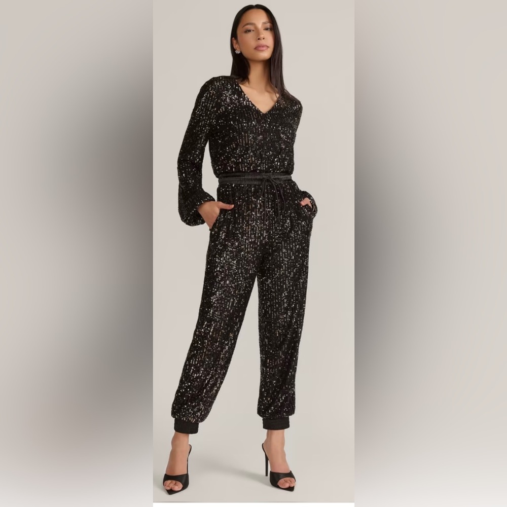 Long-Sleeve Sequin Jogger Jumpsuit Aaron & Amber Large NY&C